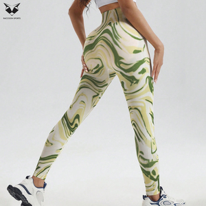 High Waist Full Length Yoga Leggings With Green Yellow <b>Marbled</b> Sublimation Transfer Four-Way Stretch Spandex Polyester Pants - Product Image 2
