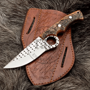 Couteau de chasse utilitaire à lame fixe fait main, acier D2, manche en bois, haute durabilité, garantie 3 ans, étui en cuir - Product Image 1