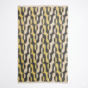 Alfombra de Lana con Patrón de Cadena en Amarillo Mostaza, Carbón y Marfil, Alfombra Moderna de Diseño Geométrico con Flecos, Ecológica, Antideslizante y Hecha a Mano - Product Image 1