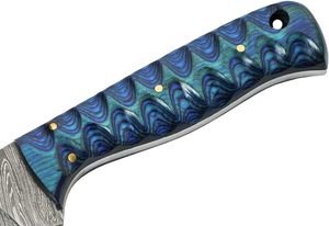 Cuchillo de Caza de Acero de Damasco con Mango con Patrón Azul y Funda de Cuero, Hoja de Punta Caída de 9 Pulgadas, Cuchillo para Exteriores - Product Image 3