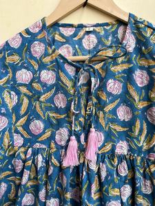 Casual Floral Block Print Tunic Top Deep Neck with <b>String</b> Closer Hand Woven Long Maxi <b>Dress</b> Embroidery for Outwear - Product Image 4