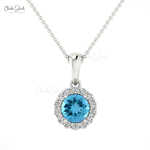 Handmade 14k <b>Solid</b> <b>Gold</b> Natural 4mm Round Brilliant Cut Swiss Blue Topaz & Diamond Halo <b>Pendant</b> Top Wholesale Suppliers - Product Image 3
