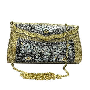 Bolso de mano clásico de metal con cristales y ágata, bandolera de noche con diamantes de imitación, estilo vintage, al por mayor - Product Image 1