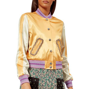 Chaqueta de Satén Dorada para Mujer, Diseño Nuevo, Personalizada, con Bolsillos con Pedrería, Mangas en Contraste, Rayas de Lurex, Venta al Por Mayor OEM - Product Image 4