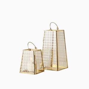 Luxury Modern Gold Glass <b>Lantern</b> <b>Set</b> Elegant Brass Finish Geometric Candle Holder for Wedding Centerpieces and Home Decor - Product Image 1