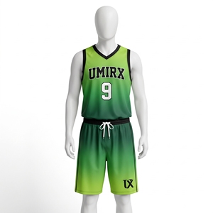 Ensemble d'uniformes de basketball vert personnalisé à séchage rapide, maillot sans manches en maille polyester à col en V et short, impression par sublimation, kit d'équipe pour - Product Image 1