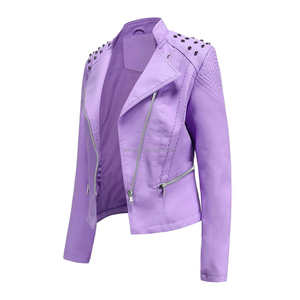 Vestes pour femmes en cuir de style motard décontracté violet clair avec épaules rondes cloutées coupe ajustée fermeture éclair et poches asymétriques - Product Image 3