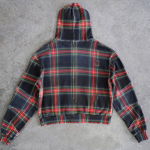 Sweat à capuche zippé surdimensionné pour homme, en coton gaufré vintage à carreaux, avec logo personnalisé et impression intégrale de haute qualité, effet vieilli - Product Image 2