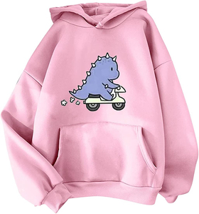 Sweat-shirt à capuche pour femme imprimé dinosaure mignon buvant du bubble tea, décontracté, tricoté, noir, motif dessin animé, poche avant - Product Image 5
