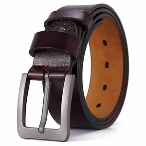 Ceinture formelle en cuir de vache marron avec boucle rectangulaire en acier, ceinture habillée pour homme en cuir véritable durable, couleur unie - Product Image 1