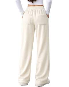 Customized <b>White</b> Women Wide Leg Fleece Sweatpants Elastic Waist Drawstring Casual Loose Fit Jogger Trousers Soft Lounge Wear - Product Image 4