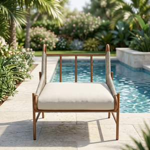 Fauteuil lounge moderne en corde tressée avec coussin rembourré, dossier incurvé, pieds coniques, structure en bois massif, pour l'intérieur et l'extérieur - Product Image 5