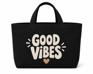 Good Vibes <b>Foldable</b> Canvas Tote <b>Bag</b> with Heart Design Black for <b>Travel</b> & Shopping - Product Image 1