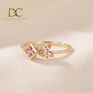 Nouvelle bague de luxe en or massif 9K de créateur avec diamant de laboratoire, morganite et saphir Padparadscha, bijoux de mariage et de fête pour femme - Product Image 2