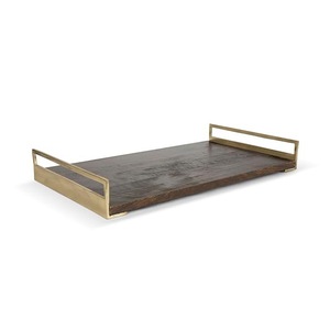 Luxury Rectangular Wooden <b>Serving</b> <b>Tray</b> with <b>Gold</b> Metal Handles - Modern Decorative Ottoman <b>Tray</b> for Coffee Table & Home Decor - Product Image 1