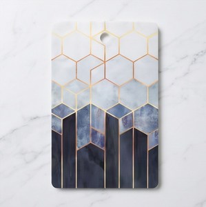 Tabla de Cortar de Mármol Rectangular, Degradado Blanco y Azul, Patrón Geométrico Hexagonal Dorado - Product Image 1