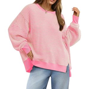 Pull en coton et polyester à rayures contrastées, col rond, coupe ample, manches longues, tricoté, décontracté, pour femmes - Product Image 4