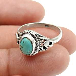 Anillo de Plata de Ley 925 con Turquesa de Corte Ovalado, Anillo Boho Vintage de Moda, Joyería Elegante para Bodas y Fiestas - Product Image 2