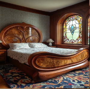 Cama sofisticada en color crema y dorado con un escudo decorativo y detalles de tela elegantes. Disponible a precios de mayorista. - Product Image 2