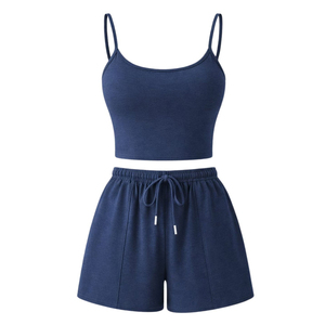 Women's Navy Blue 2-Piece <b>Set</b> Sleeveless Crop Top Drawstring Shorts Solid Knitted Breathable Mesh Lace High Support Casual - Product Image 1
