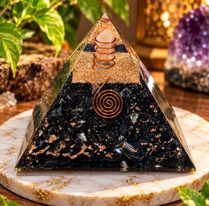 Pyramide d'orgone en tourmaline noire naturelle avec bobine de cuivre et cristal de quartz rose - Product Image 3