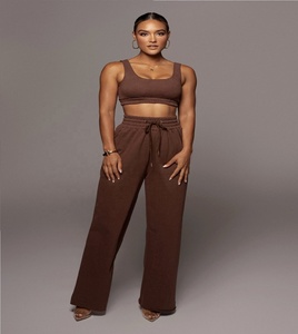 ชุดกันเหงื่อสไตล์สตรีท,ชุดเสื้อครอปและบรามีซิปสีน้ำตาลพร้อมกางเกงเย็บริมแบบตรงแฟชั่น - Product Image 2