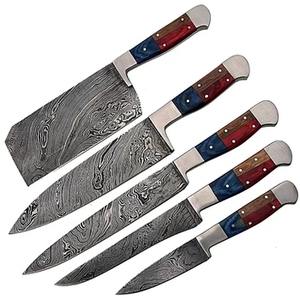 Ensemble de couteaux de chef en acier Damas avec manche en bois Pakka écologique, forgé à la main, pour couper les fruits et les légumes, usage quotidien en cuisine - Product Image 1