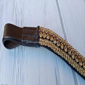 Bande de sourcils cheval souple 100% en cuir véritable, pleine fleur, 5 lignes, cristaux dorés, chaîne métallique scintillante en toutes les tailles personnalisées - Product Image 1