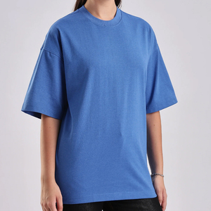 Camiseta de Algodón Lisa Oversize para Hombre, Manga Corta, Cuello Redondo, Color Sólido, Estilo Casual, Tejido Jersey Azul, Hombros Caídos - Product Image 6