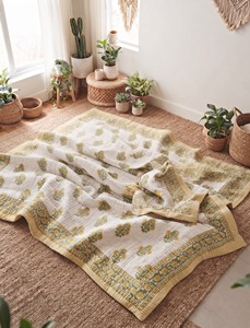 Hand Block Printed Cotton Reversible Indian Floral Print Lightweight Soft <b>Quilt</b> <b>Throw</b> Blanket Kantha Jaipuri Razai Boho 60x90 - Product Image 4