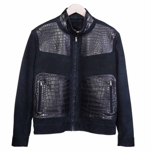 <b>Men's</b> Dark Blue Cow Skin <b>Suede</b> Leather <b>Jacket</b> with Croco Embossed PU Panels Zipper Closure Stand Collar Casual Winter Front - Product Image 4