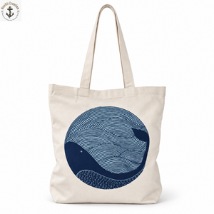 Bolsa de Lona Color Marfil Inspirada en el Océano con Estampado de Ballena Azul Marino |   Bolsa de Compras Diaria con Asas Largas para Uso Cotidiano - Product Image 1
