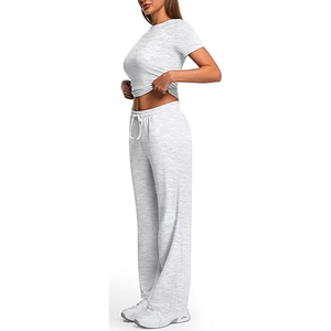 Women's Comfortable Solid Lace up Short Sleeve Cotton Drawstring Loose Fit T-Shirt and Sweatpants <b>Set</b> - Product Image 3