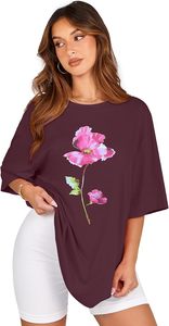 T-shirt pour femme à manches courtes, col rond, imprimé floral bordeaux, coupe ample, décontracté, printemps-été, 100% coton jersey - Product Image 6