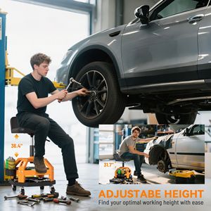 Sgabello da Officina Giallo con Capacità di 300 LBS, Ruote a 360 Gradi e Vassoio Portautensili, Altezza Regolabile - Product Image 5