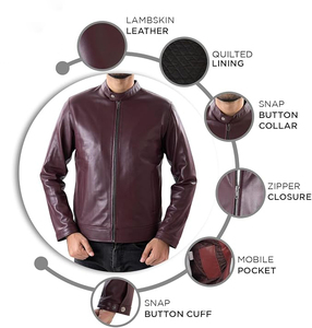 Men's <b>Burgundy</b> PU <b>Leather</b> Moto <b>Jacket</b> Stand Collar Zipper Closure Regular Fit Autumn Wear - Product Image 5