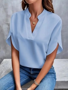 Chemisier élégant à manches courtes pour femmes, col montant, col en V, coupe ample, décontracté, chemise légère et douce à la mode - Product Image 5