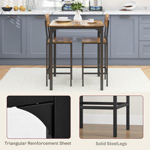 Juego de Comedor Rústico Marrón y Negro de 3 Piezas, Mesa Cuadrada de Bar con 2 Taburetes para Cocina Pequeña o Uso en Bar - Product Image 6