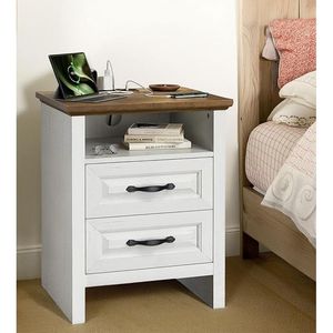 Comodino in Stile Rustico con Ripiano Aperto e 2 Cassetti, Stazione di Ricarica, Mobile Contenitore per Camera da Letto - Product Image 2