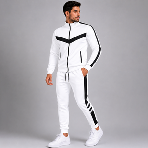 Survêtements sportifs blancs de haute qualité pour hommes, manches longues, fermeture éclair, blocs de couleur, poches latérales, respirants, coupe régulière, pour le printemps - Product Image 1