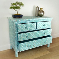 Commode de rangement en panneau de particules avec incrustation florale en nacre turquoise, style moderne, meuble de maison fait main