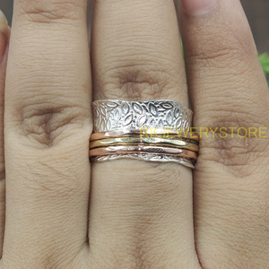Handmade Textured Wide Band Spinner Ring925 Sterling Silver Brass Copper Designer <b>Statement</b> <b>Ring</b> Artisan Jewelry for Unisex Him - Product Image 2