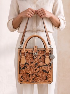Bolso de Hombro de Cuero Genuino Hecho a Mano para Mujer, Estilo Vaquero Floral, Impermeable, Ecológico, con Cremallera - Product Image 4