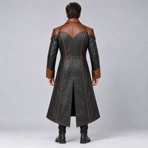 <b>Men's</b> Gothic Leather <b>Trench</b> <b>Coat</b> Black Brown Two Tone Long Overcoat with Metal Buckles - Product Image 3