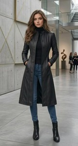 Manteau trench en cuir véritable noir pour femme, boutonné devant, long, style duster - Product Image 1