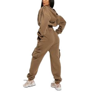 Chándal de gran tamaño para mujer, Sudadera con capucha de algodón con cremallera recortada y bolsillos Cargo, pantalones deportivos marrones acampanados, conjunto de 2 piezas, sudadera para mujer 2026 - Product Image 3