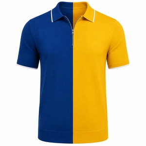 Chemise décontractée pour homme en coton Oxford tricoté, bleu et jaune, à blocs de couleur, avec poche, respirante, à manches courtes et fermeture éclair, coupe classique - Product Image 6