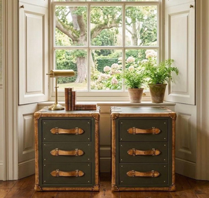 Vintage Green Leather Trunk Drawer Cabinet Antique <b>Storage</b> Chest Brass Studded Wooden <b>Sideboard</b> Home Furniture - Product Image 1