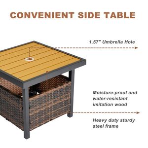Outdoor Brown Square PE Rattan End Table Wicker Side Table with Umbrella Hole for Patio Garden Poolside Deck Storage Space - Product Image 3