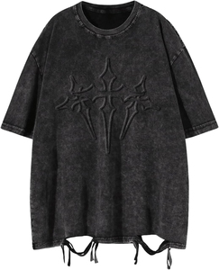 Embossed Logo OEM Ripped Stonewashed Distressed Hip Hop Plus Size Shirt Loose/Baggy Fit <b>Drop</b> Shoulder O Neck Streetwear - Product Image 1